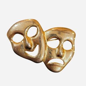 vintage whimsigoth witchy large comedy & tragedy masks gold tone brooch pin